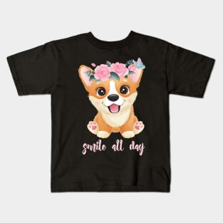 cute little corgi with flowers tshirt Kids T-Shirt